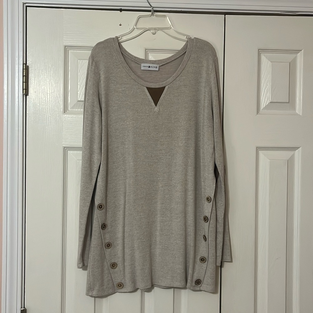 Coco & Main sweater. Elbows have “pads” 
Buttons on the side (diagonal)